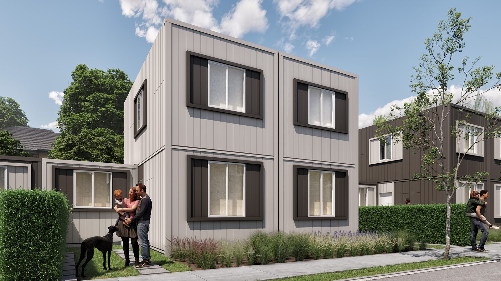 Render de la vivienda tipo industrializada pareada de dos niveles, modelo con ampliación